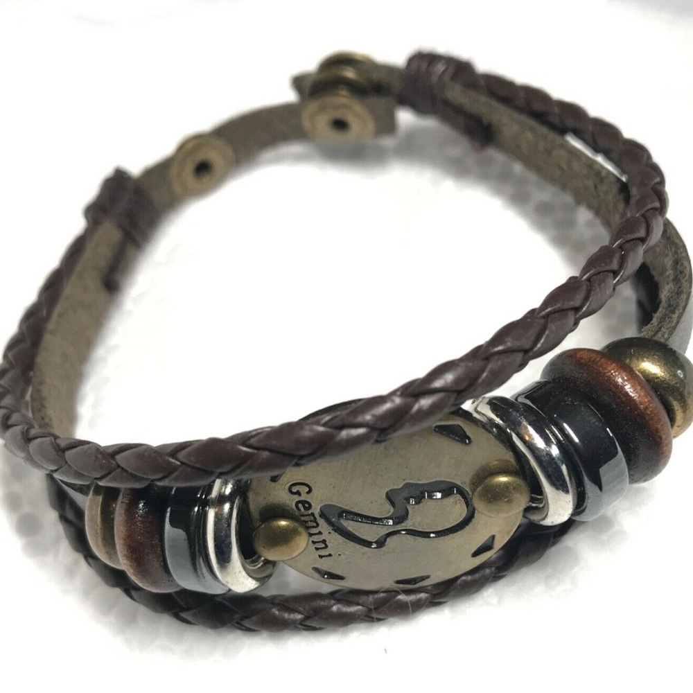 Leather bracelet Gemini Zodiac with charms